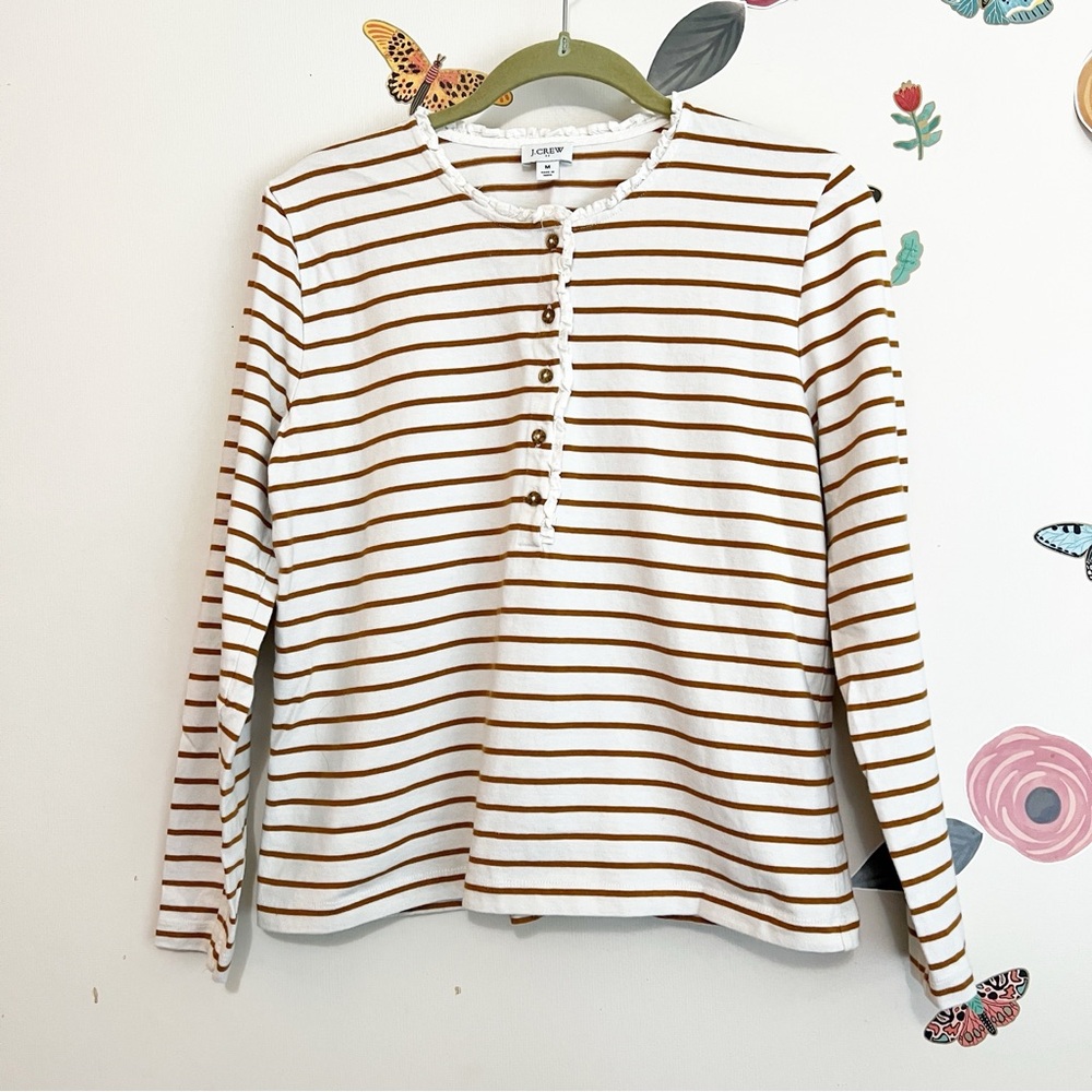 J. Crew Long Sleeve Striped T-Shirt - White and Brown Stripes with Ruffles M